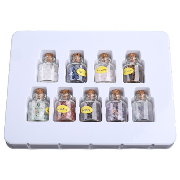 9 Mini Ädelstensflaskor Chip Kristall Healing Tumlade Ädelstenar Reiki Wicca Stenar Set
