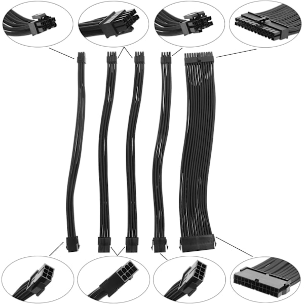 Flätad 24-stifts ATX-hylsa kabelförlängningssats för power PSU-kontakter 8P(4+4P) EPS (2+6P)/ 6P PCIE med kammar Black