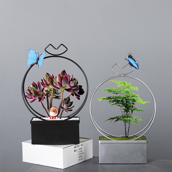 Dekorativ järnblommavas rektangulär planteringskruka med magnetisk fjäril rektangulär växtblombehållare Silver