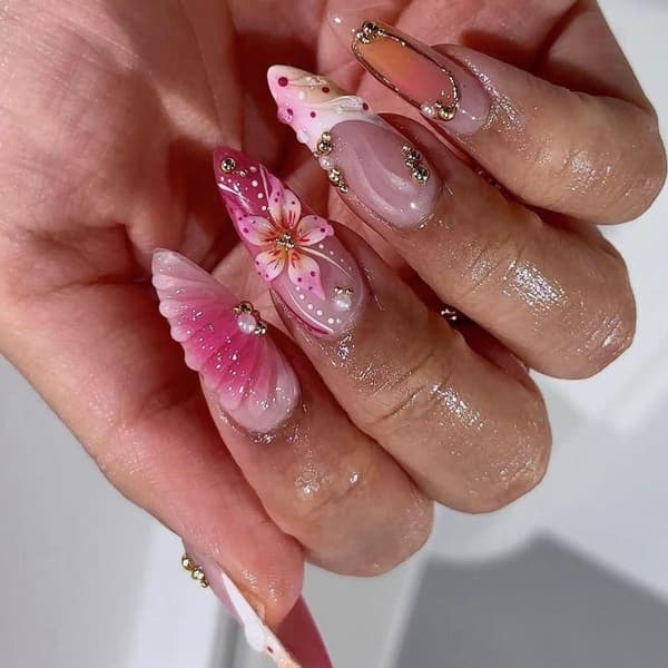 1 set lyxiga rosa gradient lösnaglar med 3D gulblomma och strass