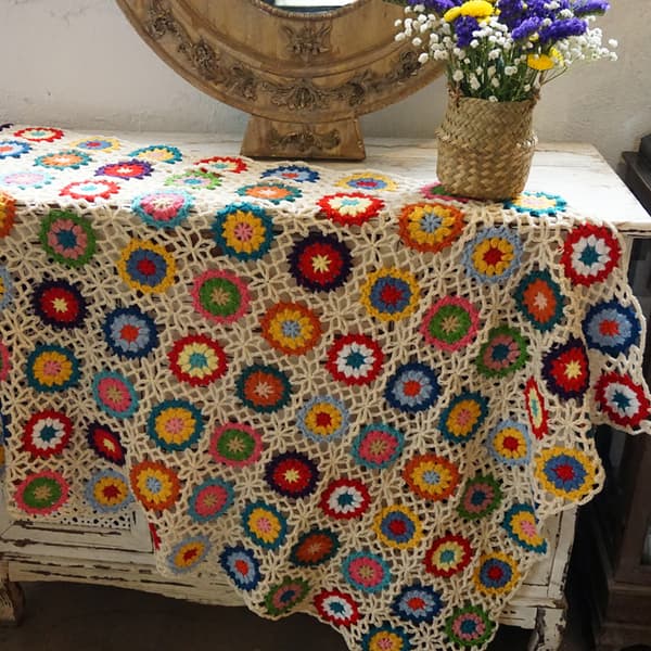 Boho Handgjord Virkad Soffa Tröja Färgglad Blomma Tröja Stil Mat Dekor