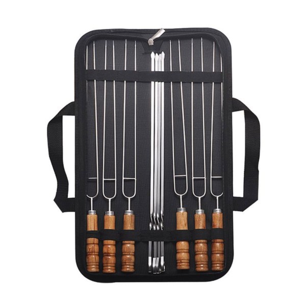 10st Utomhus BBQ Nål Rostfritt stål BBQ Stick Dubbelgaffel Bbq String Bok Handtag Set för Camping Utflykt Matlagning