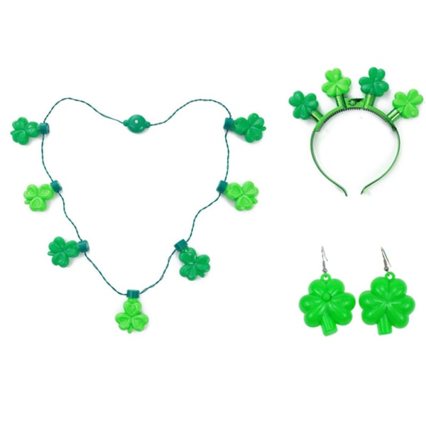 St-Patrick's Day Shamrock Halsband Glödande LED Shamrock Clover-Pannband Shamrock örhängen för festivalfestdekorationer Green