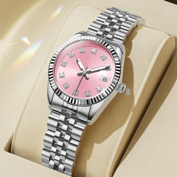 Mode Dame Analog Quartz Armbåndsur Pink Urskive Sølv Poleret Rem