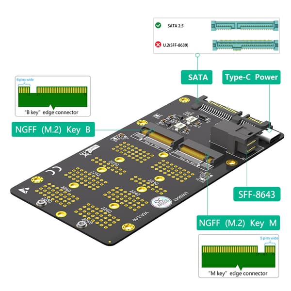 NVME M.2 til SATAIII og SFF 8643 Konverter Adapter til Computer