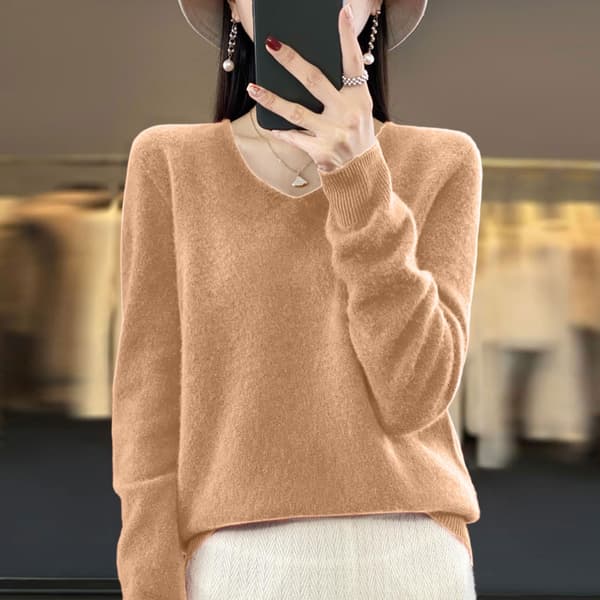 Dame V-hals strikket genser Uformell løs langermet pullover genser topper Goldamel S