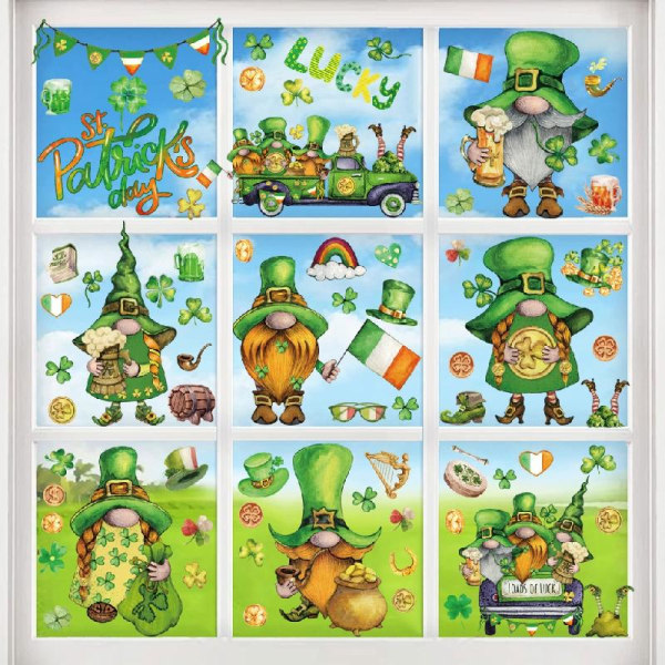 85 st St Patricks Day Window Clings Gnome Leprechaun Fönsterdekal 9 ark Väggdekal Statisk för irländsk festprydnad