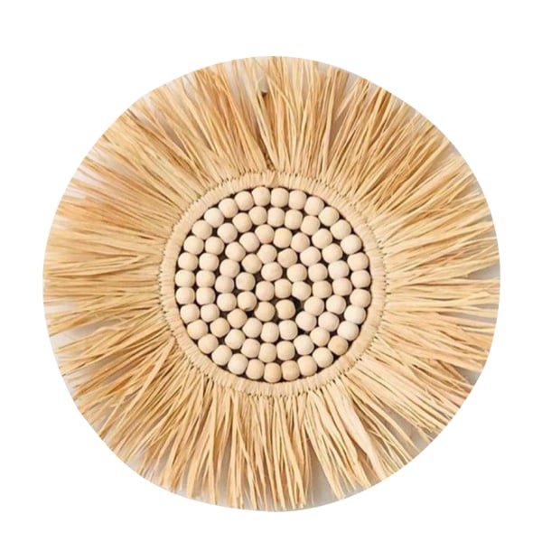 Marockanskt vävt halmhängande väggspegel Boho Macrame Träpärla Gobelängdekor null - A3