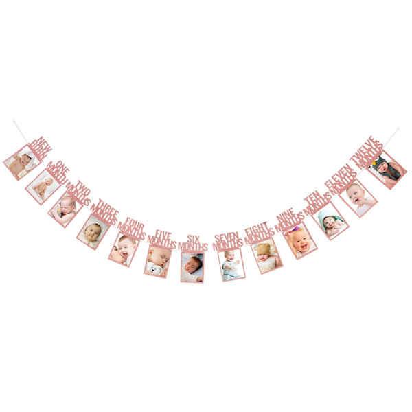 12 månader Fotoram Banderoller Grattis på födelsedagen Dekoration Första pojke Flicka Fest Papper Girlander Baby 1:a Ett år Bunting Pink