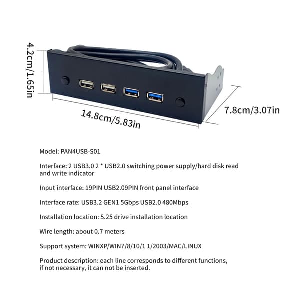 Bærbar 19 Pin / 9 Pin til USB 3.0 USB 2.0 Hub Frontplade 4 Port CD-ROM Rack