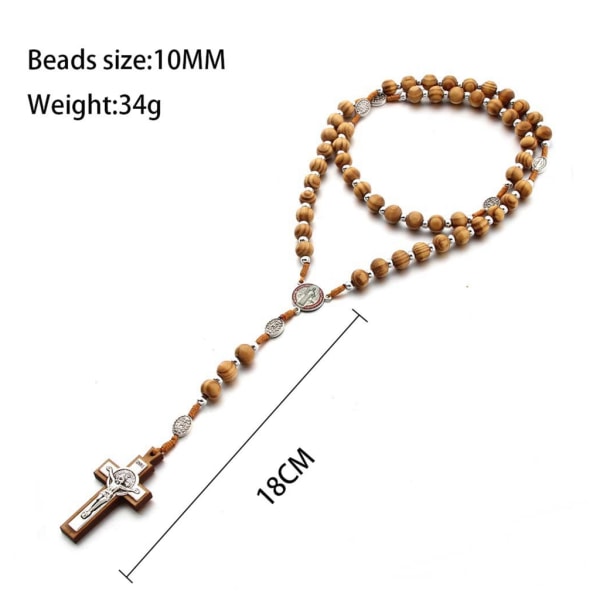Handgjorda rosenkranshalsband i trä 10 mm runda pärlor Kristus Jesus korshänge kedja halsband Religiösa smycken för män