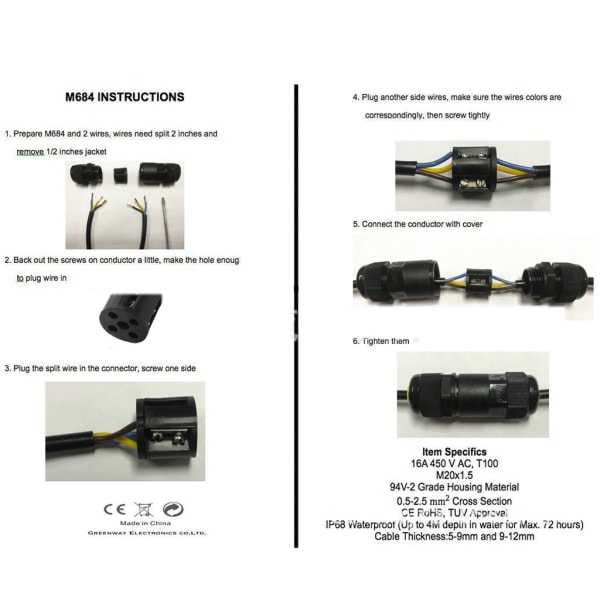 M20 IP68-kabelkontakt, 1 stycke, 2-stift, 3-stift, 4-stift, 4-8 mm, 6-11 mm, AC 450V, 24A, Elektriska anslutningar, Vattentät 4 core 4 to 8mm
