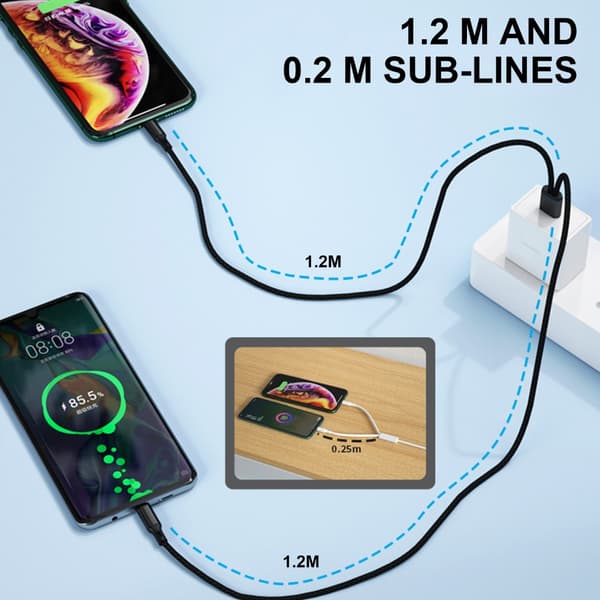 Langt USB C til 2 USB C hurtigopladnings- og datakabel til flere enheder Black