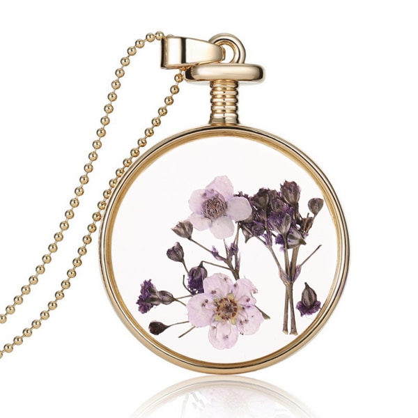 Living Memory Charms Torkad Blomma Glas Medaljon Runt hänge Halsband Kedja Hot Gold