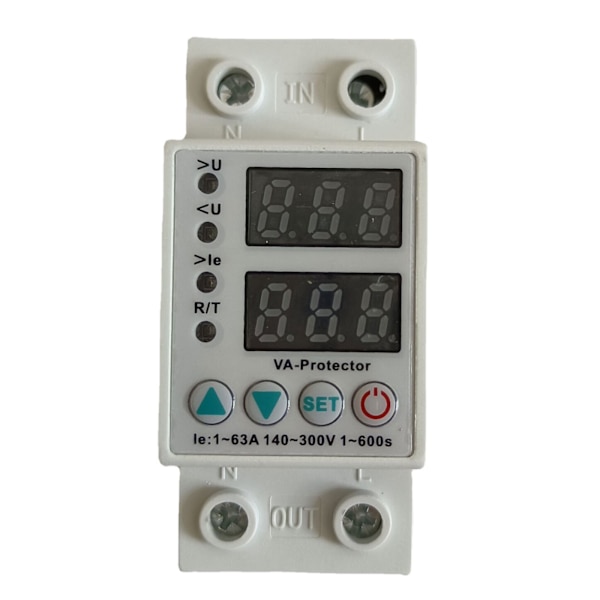 Hemanvändning Dubbel LED-Display 63A Din-Skena 220V Justerbart Spänningsskydd Relä med Strömgräns för Skydd