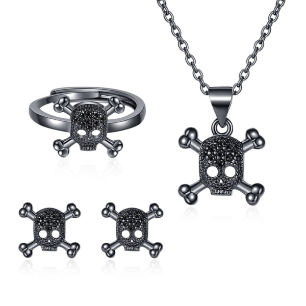 Europæisk og amerikansk Zircon Dødningehoved Halskæde Kvinde Halloween Retro Punk Stil Øreringe Ring Sæt Tilbehør