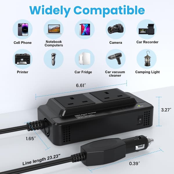 200W Bil Strømomformer 12V til 220V Uttak 4 USB-porter Sikkerhetsbeskyttelse