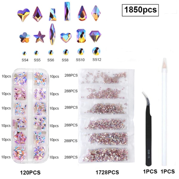 Nail Art Rhinestones Kit Multi Shapes Glass Crystal AB Nail Stones Nail Jewels Flatback Nail Gems Strass för w/ Wax 2