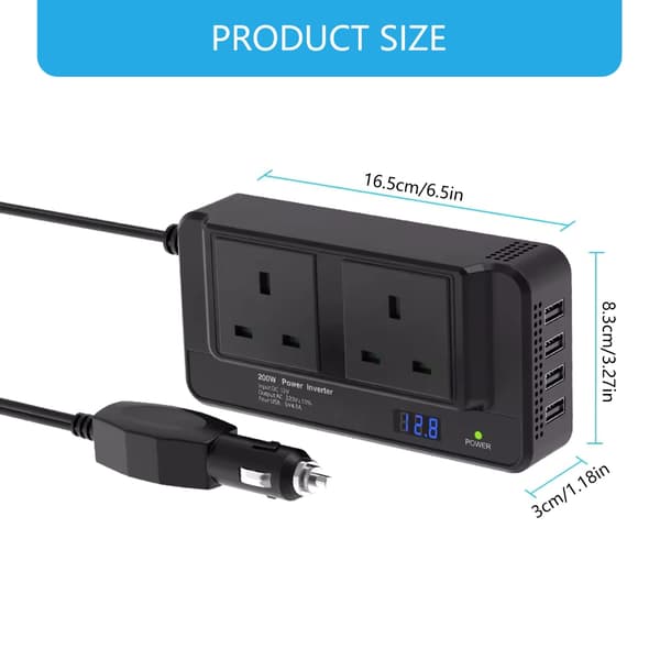 200W Bil Strømomformer 12V til 220V Uttak 4 USB-porter Sikkerhetsbeskyttelse