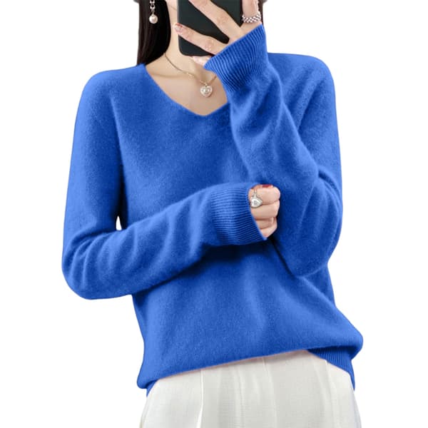 Dam V-ringad stickad tröja Casual lös långärmad pullover Jumper Toppar Blue 2XL