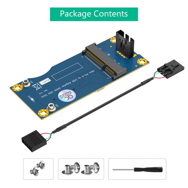 Mini PCIE - USB 2.0 -sovitin korttipaikalla WWAN LTE -verkkokortille
