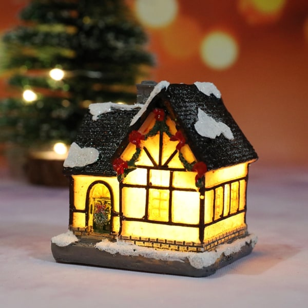 Miniatyr jul hus statyett med led ljus harts konst staty prydnad hantverk för hem barn rum skrivbordsdekor C