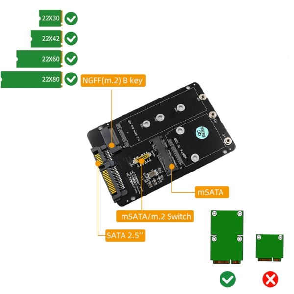 2-i-1 NGFF(M2)mSATA till SATA 2,5 tums adapter M2 NGFF/ mSATA till SATA3.0 Praktisk byte av adapterkort för konverterare null - Cross structure