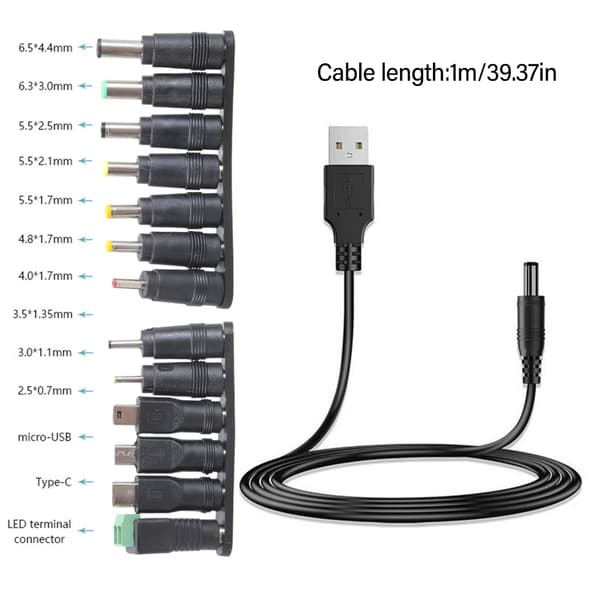 USB til DC5521 Strømkabel 5V DC5.5x2.1mm Ladekabel Inkluderer 13 Tips