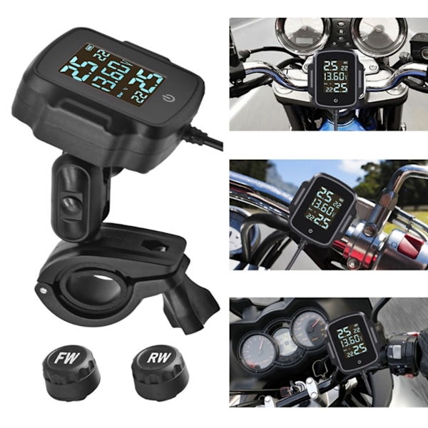 Motorcykel Däcktrycksövervakningssystem LCD-Display 2 Externa Sensorer