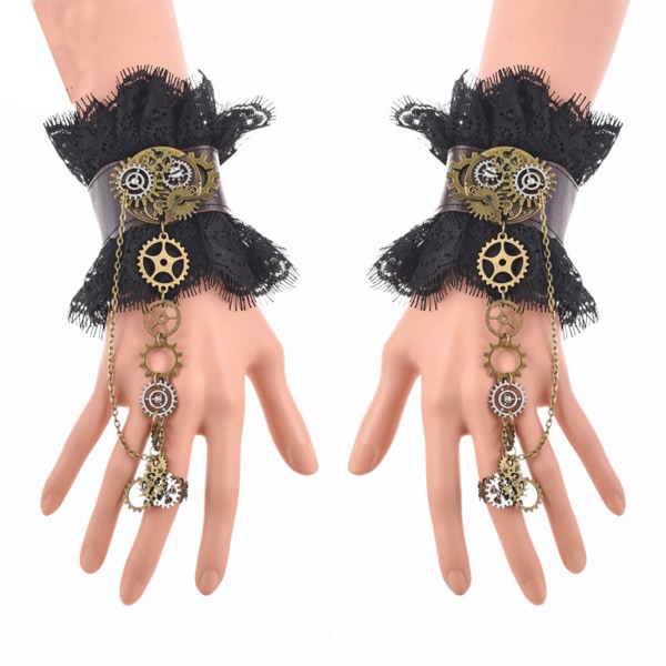 1 par retro gotiska kvinnor spetsmanschetter med ring viktoriansk spetsarmband Steampunk Gear Handledsmanschett Armband Armband