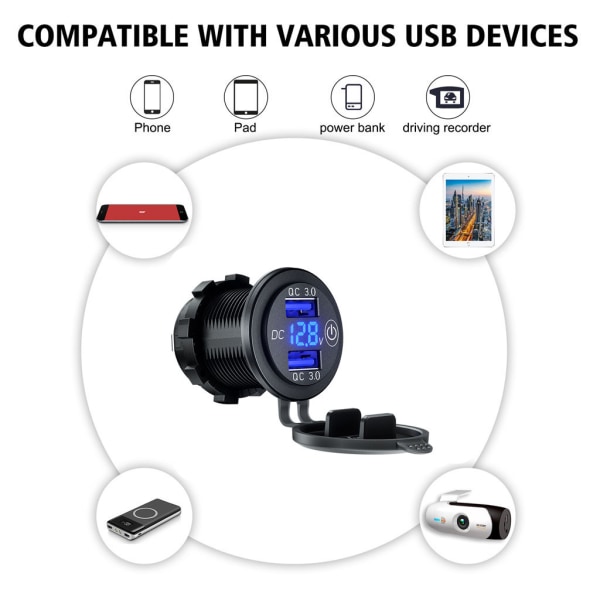 12V 24V Dubbel QC3.0 USB billaddareuttag med för Touch Switch LED Voltmeter Power nätadapter för lastbil SUV Mar