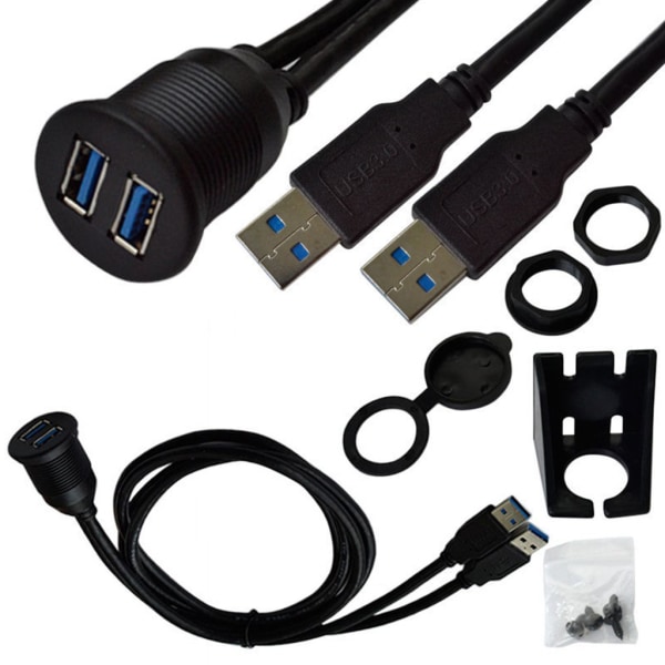 2 portar Dubbel USB 3.0 hane till USB 3.0 hona AUX-sladd infälld bilmonterad förlängningskabel för bil lastbil båt motorcykel