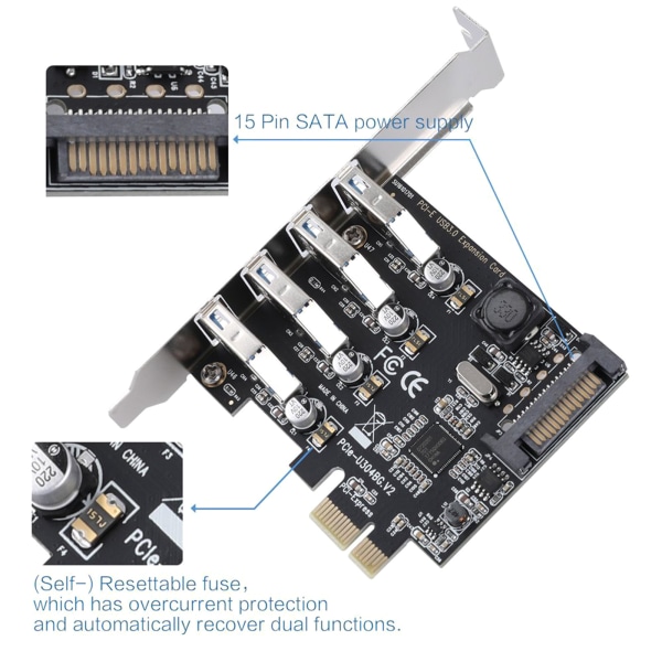 4 portar PCI-E till USB 3.0 expansionskort med 15-stifts SATA- power - PCI för Express(PCIe) USB -kort för stationär PC