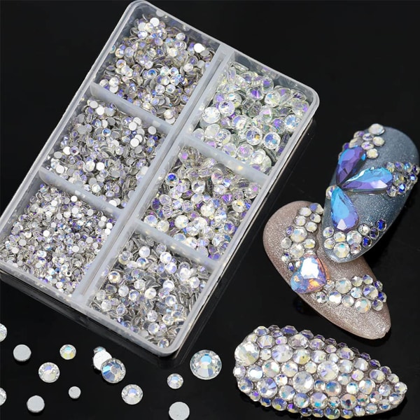 Hotfix AB Rhinestones Blandade storlekar Crystal Flatback Rhinestones 3D Nail Diamond Nail Jewels Charms för Nail Art DIY Blue