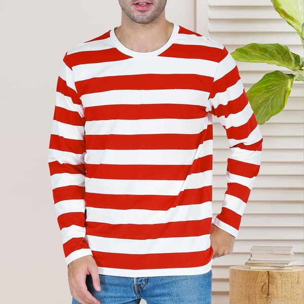 Stribet langærmet T-shirt med rund hals til mænd, basic afslappet top Red L