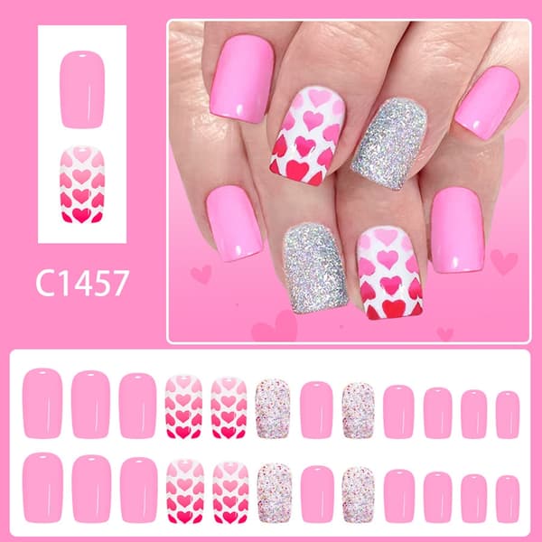 Romance Glitters Hjerte Press On Negle 24 Stk Valentinsgave til Kvinder Piger