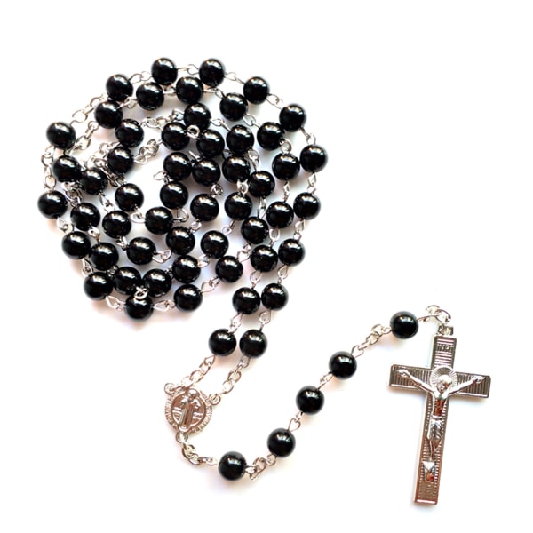 Svarta pärlor Rosenkrans katolska halsband med metall för Cross Crucifix Prayer Jewelr