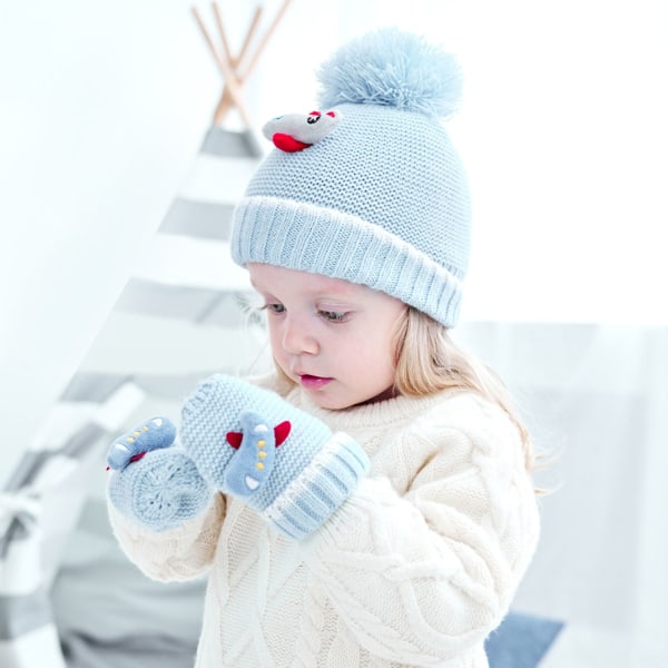 Winter Warm Baby Hat Handskar Set Barn Päls Ball Stickad Beanies Cap Mitten Kit