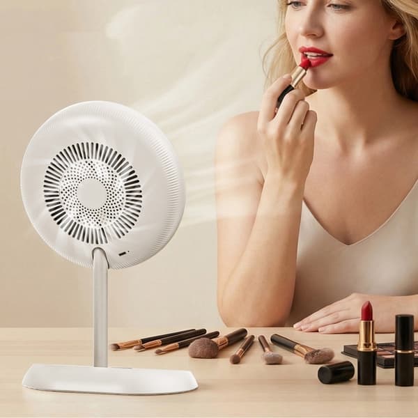 Genopladeligt makeup-spejl med ventilator og LED-ramme til skrivebordsbrug