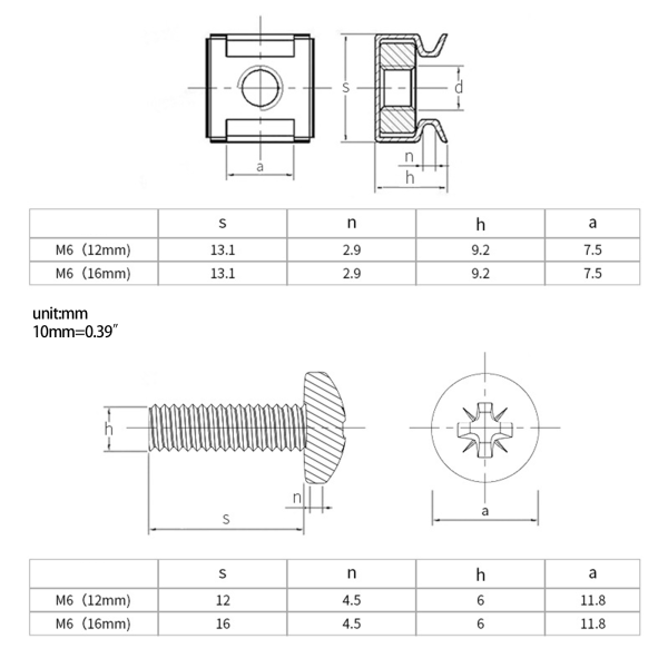 M6 x 16mm / 12mm Rackmonterad Burmutter Skruvar Brickor för Rack Mount Server Skåp Hyllor Routers Monteringsskruv M6x16 Nickel plated