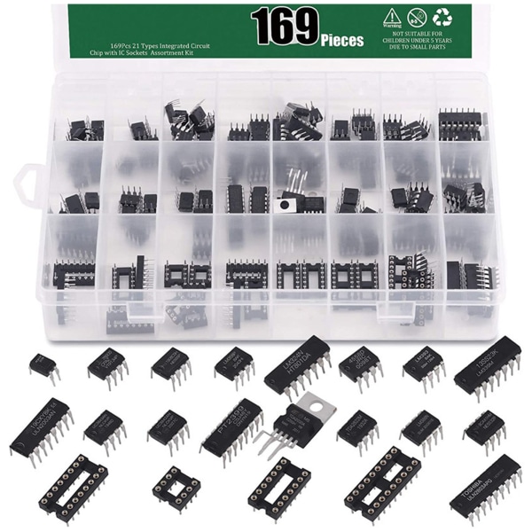 169st 21 värden Integrated Circuit Chip Sortiment Kit 2,54 mm IC-uttag 8 14 16 18 stift LM324 LM358 LM386 LM393 LM339