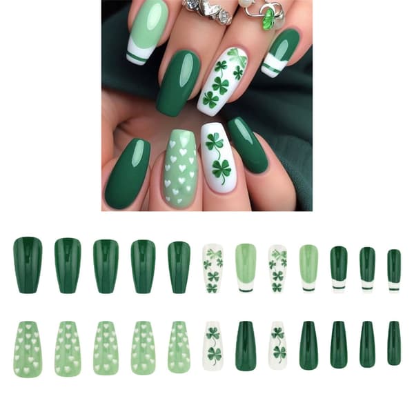Patrick's Day Press on Nail Medium Shamrock French Style Ballet False Nail