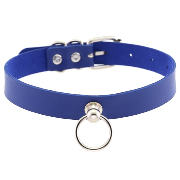 Slave Choker Halsband PU Läder Goth Choker Krage med Silver Circle Ring Punk Rock Krage Justerbar för kvinnor Män Blue