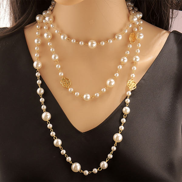 Mode Camellia Pärlhalsband Kvinna Tröja Kedja Dubbellager Långt Halsband Smycken Present för födelsedag eller semester White grey
