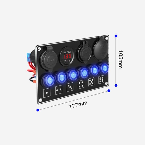 Hård 12V 6-gangs betjeningspanel med to USB-strømporte