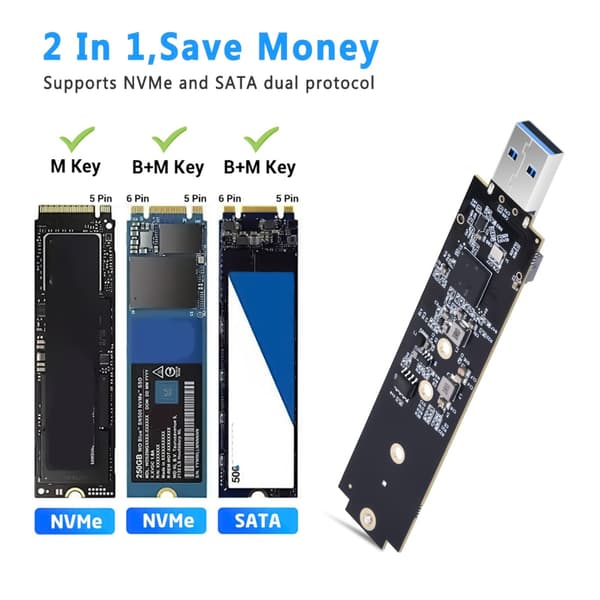 To Protokoll M.2 SSD til USB 3.2 Konvertere For 2230 2242 2260 2280 SSD-er