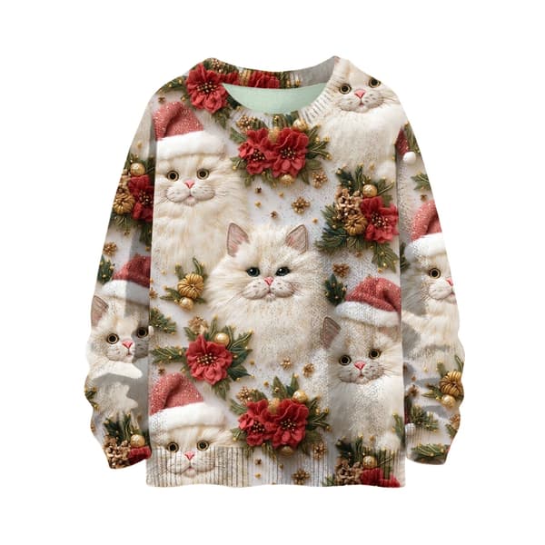 Langærmet julepullover til kvinder 3D Juleprintet Pullover Sweatshirt White XL