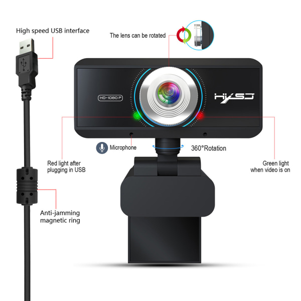 1080P 5 miljoner webbkamera med mikrofon Auto för fokus Datorkamera Webbkamera för videosamtal Inspelning av konferens