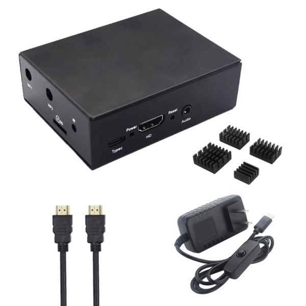 til Banana PI BPI-M5 Kølepladeboks Metal Kabinet - med Strømforsyning og 4 stk. Aluminium Køleplader Kabel Kit