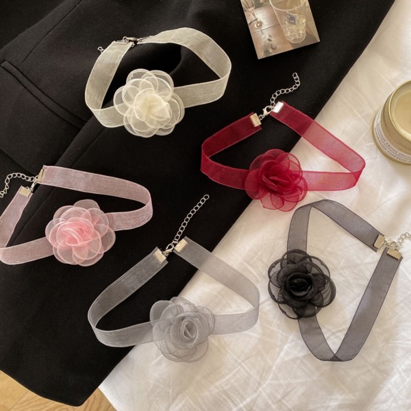 Kvinnor Blomkrage Choker Tyg Blomma Halsband Konstgjorda Flower Choker Garn Material Tyg Tillbehör för kvinnor Pink